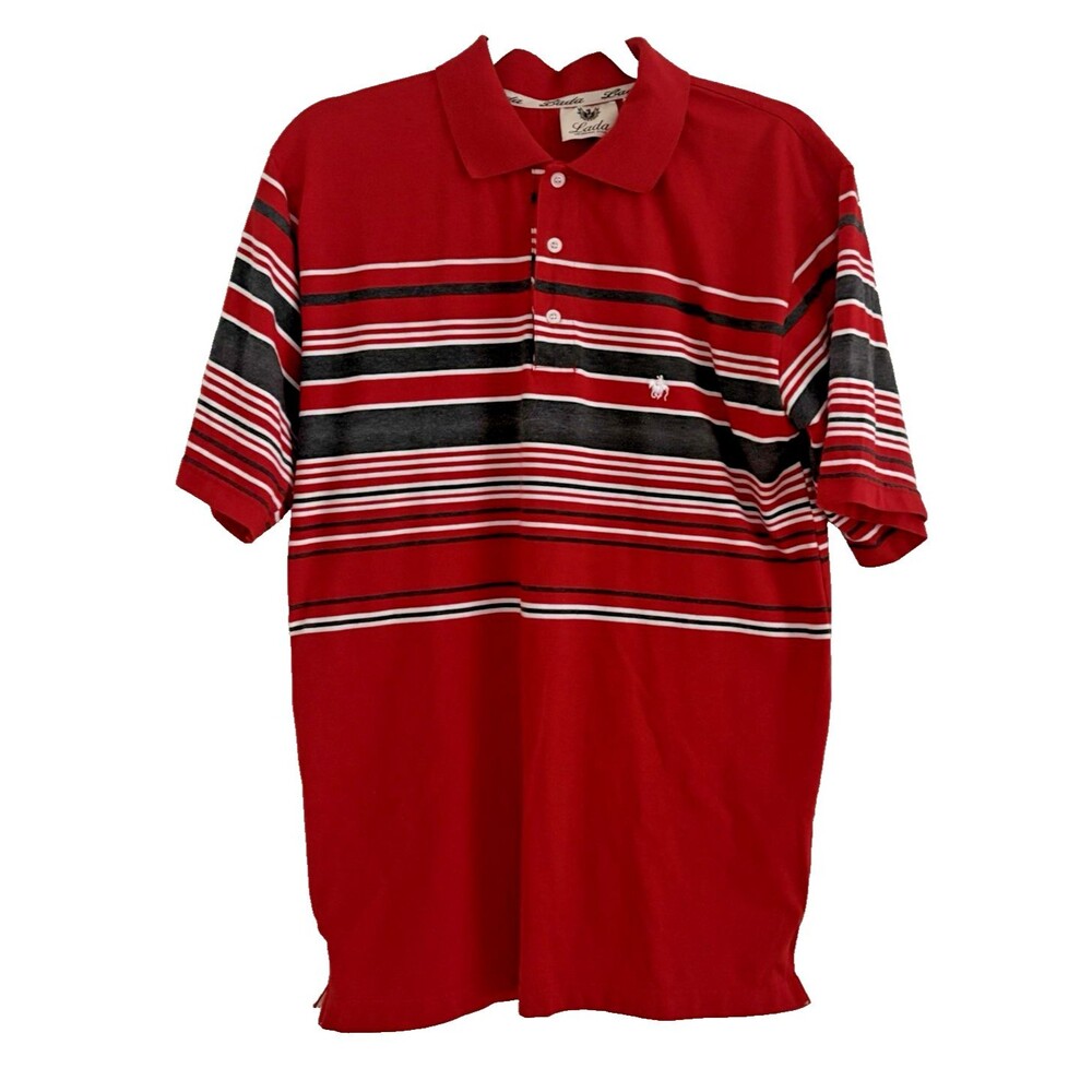 LADA Shirt Mens Medium Polo Golf Red Gray Stripe Short Sleeve Button Collar Logo